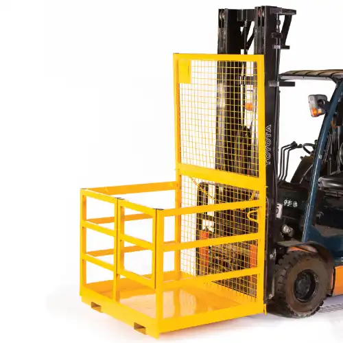 Forklift Attachment - Yellow Steel Man Cage Being Lifted By A Forklift