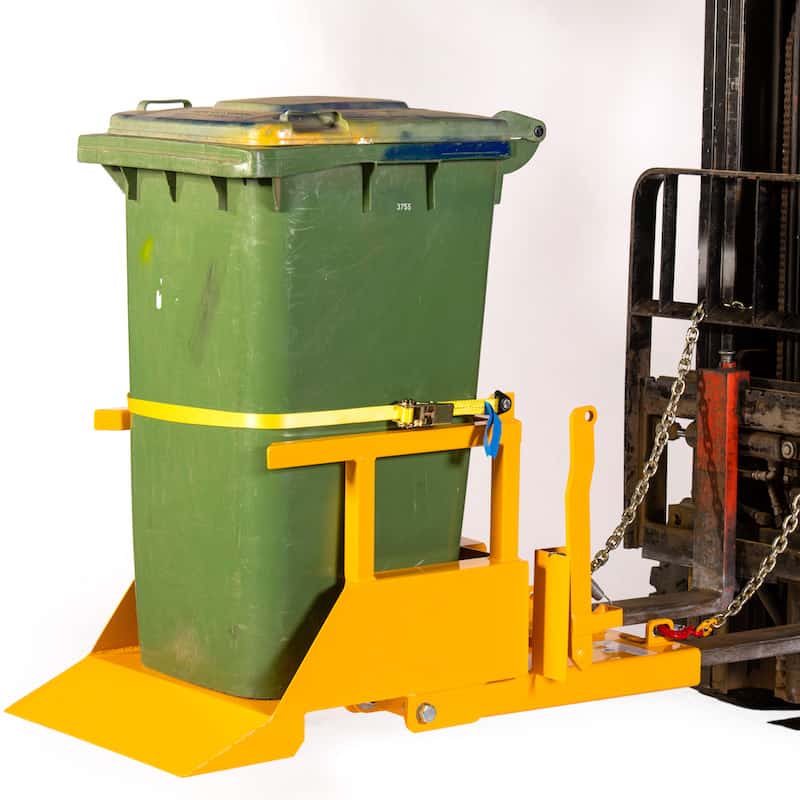 Forklift with a wheelie bin tipper attachment, holding a green bin