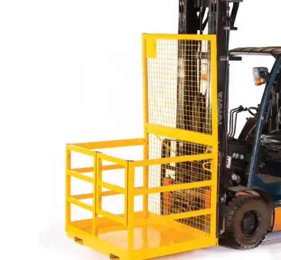 Forklift Attachment - Yellow Steel Man Cage Being Lifted By A Forklift